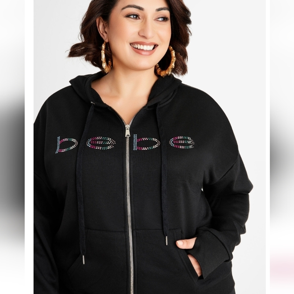 New Bebe Women's Nailhead Black Logo Zip Hoodie BB2366A Size Small Or Medium